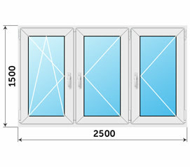 Окно три створки пластиковое 2500x1500 пятикамерное